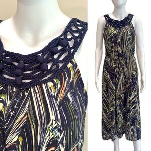 Wendy Katlen Anthropologie Silk Swirl Patterned Midi Dress Size 4 Crochet Neck